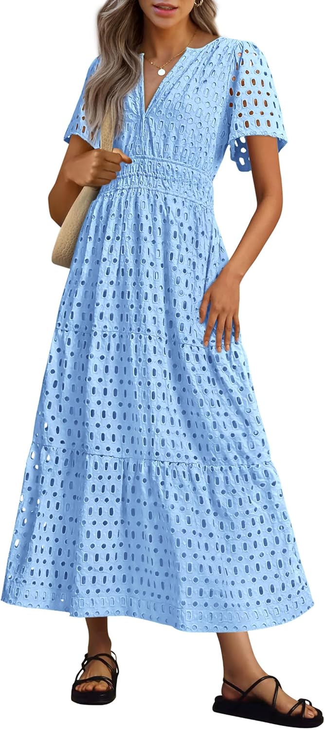 NOUVEAU 🔥 Robe longue d'été 2025 pour femme, manches courtes, col en V, ajourée, œillets, coupe trapèze
