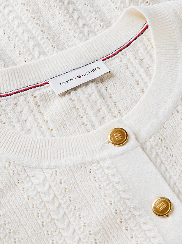 Pointelle Gold-Tone Button Short Sleeve Cardigan