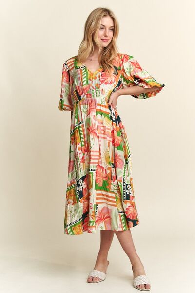 ADORA Florales Midi-Kleid mit V-Ausschnitt und Puffärmeln