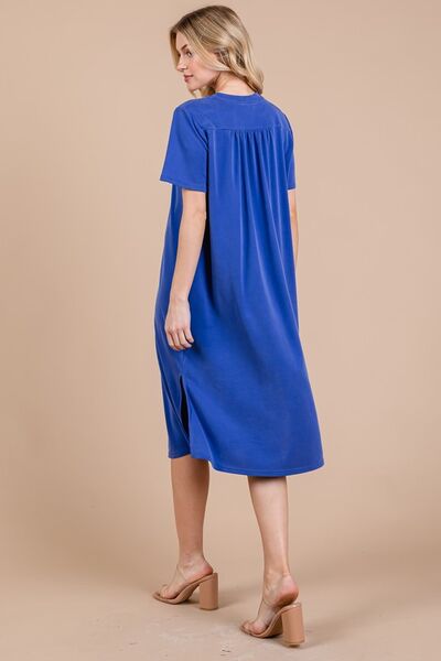 Ces Femme Midi-Kleid mit Seitenschlitz, kurzen Ärmeln und Taschen