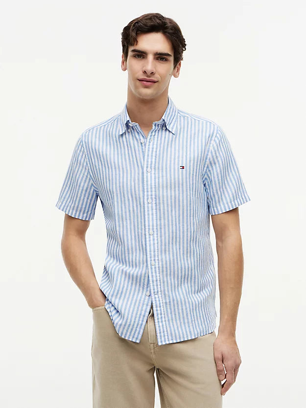 Regular Linen Blend Bengal Stripe Short Sleeve Shirt