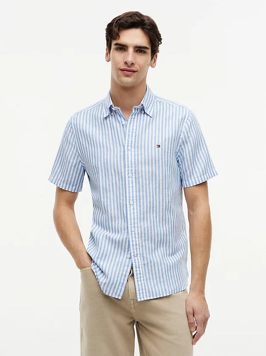 Regular Linen Blend Bengal Stripe Short Sleeve Shirt