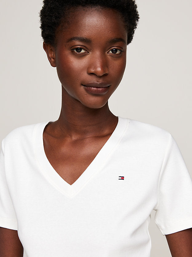 Flag Embroidery Slim V-Neck T-Shirt