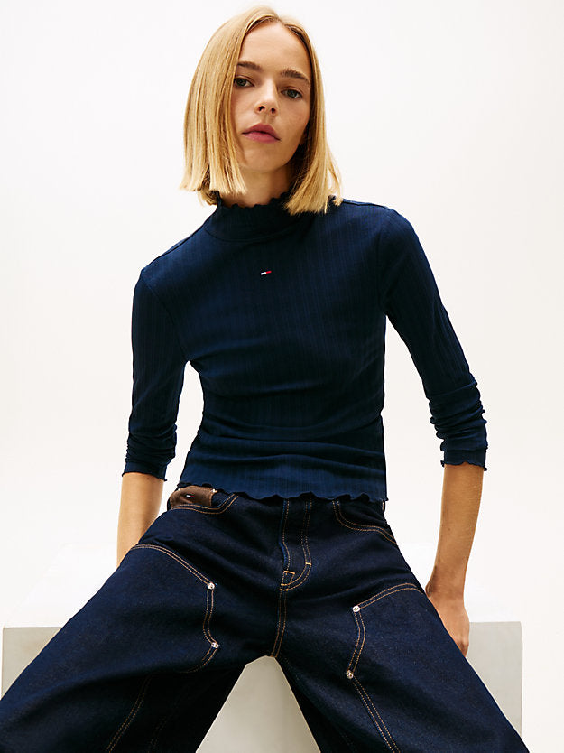Ruffle Ribbed Slim Mock Neck Top