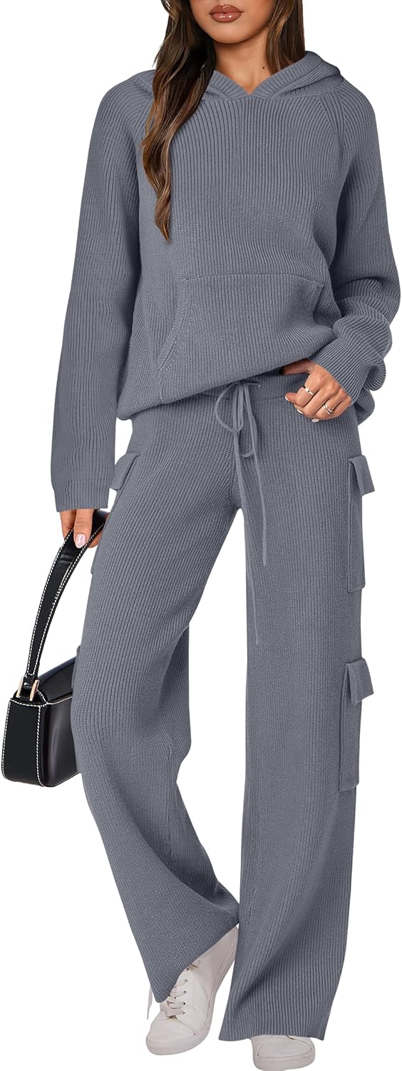 🎄 Destockage de Noël 🔥 Ensembles deux pièces femme : pull tricoté à capuche et pantalon droit décontracté
