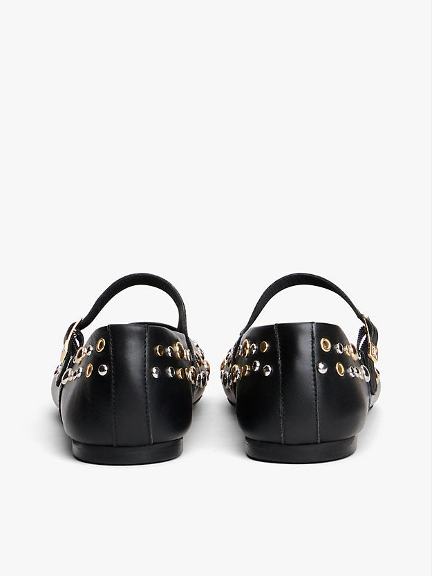 Stud Embellished Leather Buckle Ballerinas