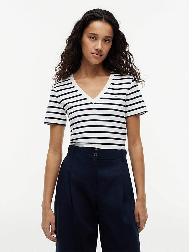 Flag Embroidery Slim V-Neck T-Shirt