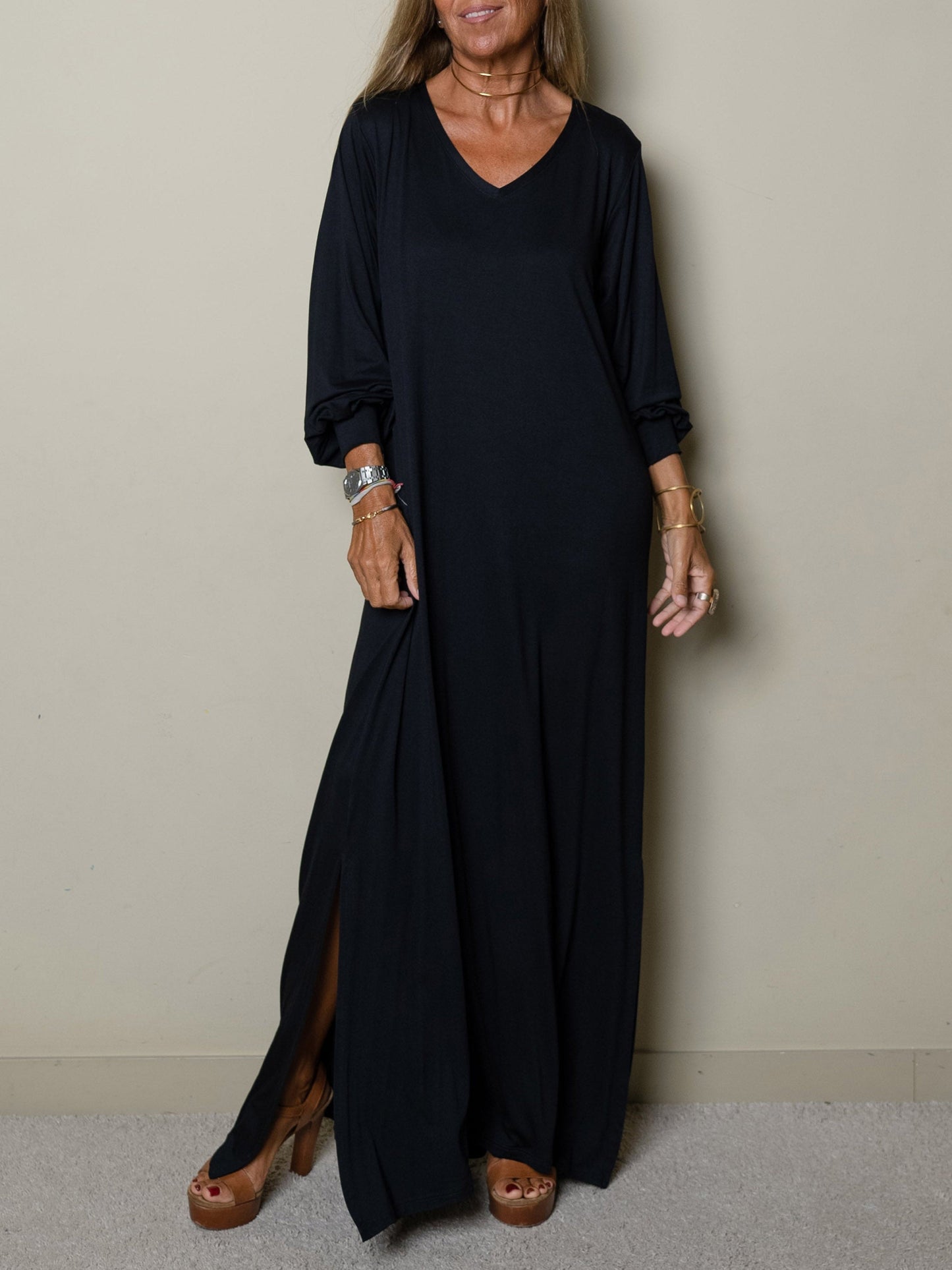 Robe longue décontractée pour femme à col en V