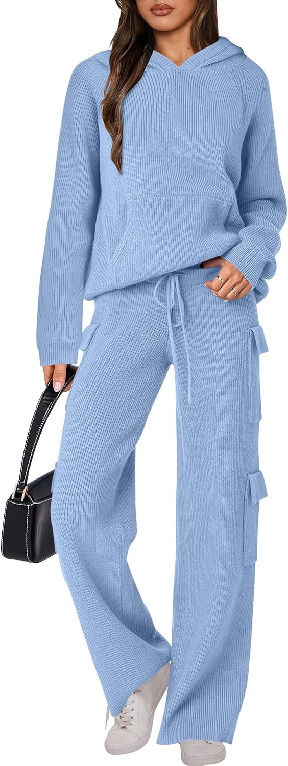 🎄 Destockage de Noël 🔥 Ensembles deux pièces femme : pull tricoté à capuche et pantalon droit décontracté