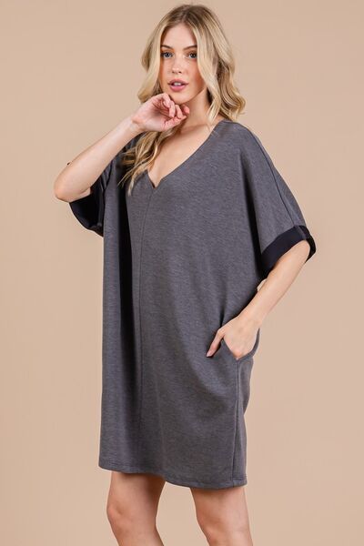 Ces Femme V-Ausschnitt Halbarmkleid
