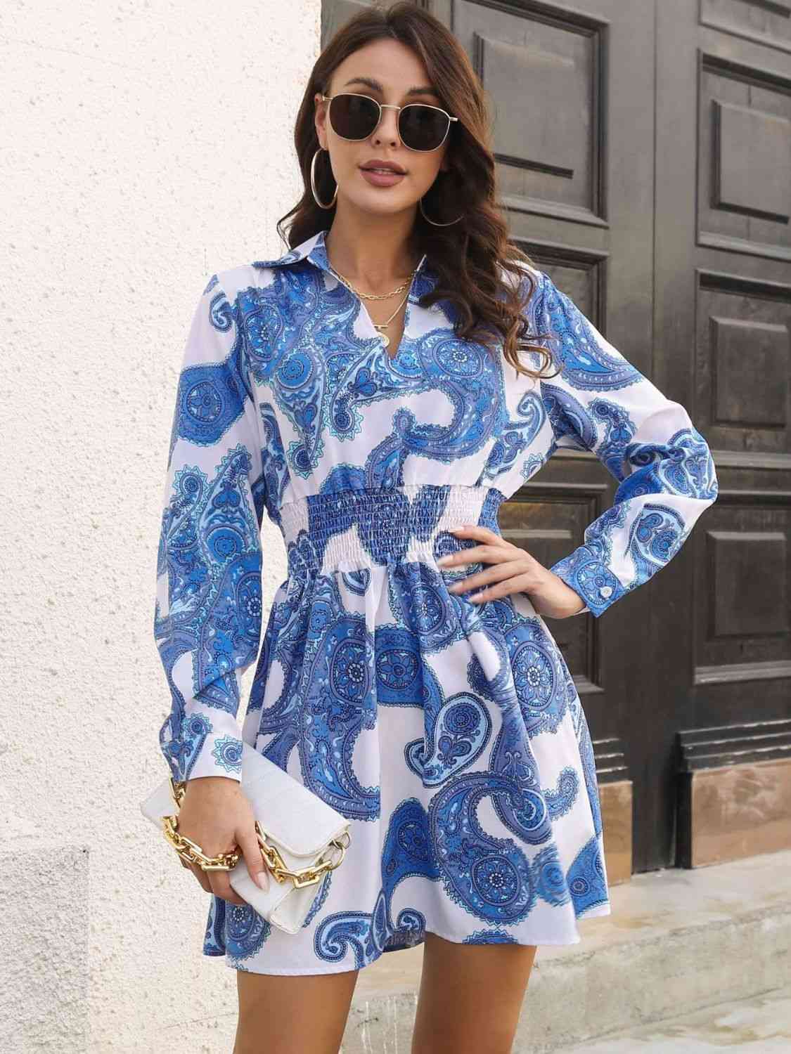 Robe smockée col Johnny à imprimé cachemire
