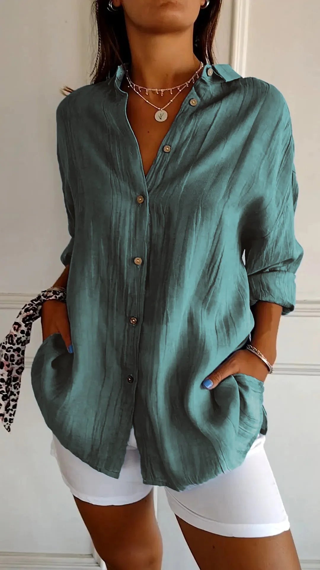 🌷Chemise classique plissée texturée à revers et simple boutonnage pour femme