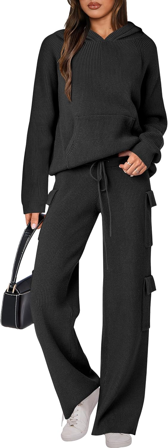 🎄 Destockage de Noël 🔥 Ensembles deux pièces femme : pull tricoté à capuche et pantalon droit décontracté