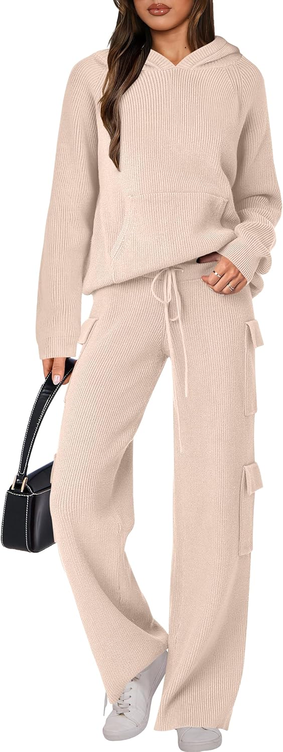 🎄 Destockage de Noël 🔥 Ensembles deux pièces femme : pull tricoté à capuche et pantalon droit décontracté