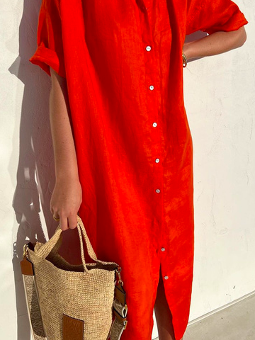 Robe Femme Ample Décontractée Élégante Manches Mi-longues Boutonnée en Coton Lin