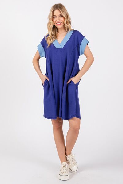 Ces Femme V-Ausschnitt Kurzarmkleid mit Kontrastbesatz