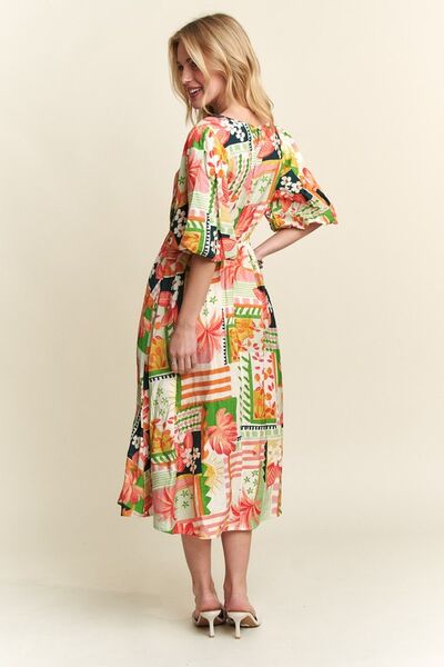 ADORA Florales Midi-Kleid mit V-Ausschnitt und Puffärmeln