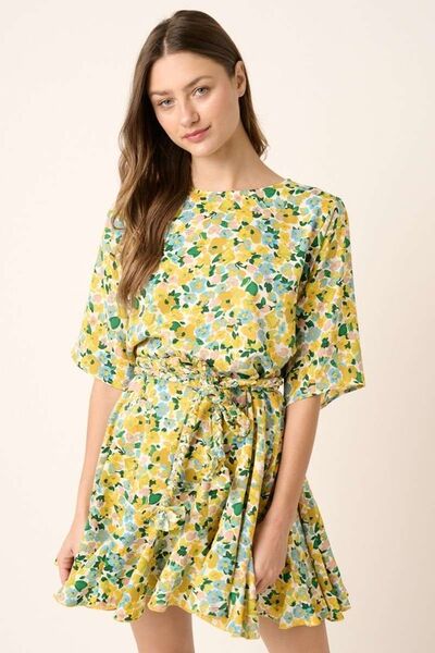 Mittoshop Geblümtes Minikleid mit halblangen Ärmeln und Taillenbindung