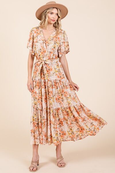Mittoshop Geblümtes Kleid mit Bindegürtel und Stufenrock