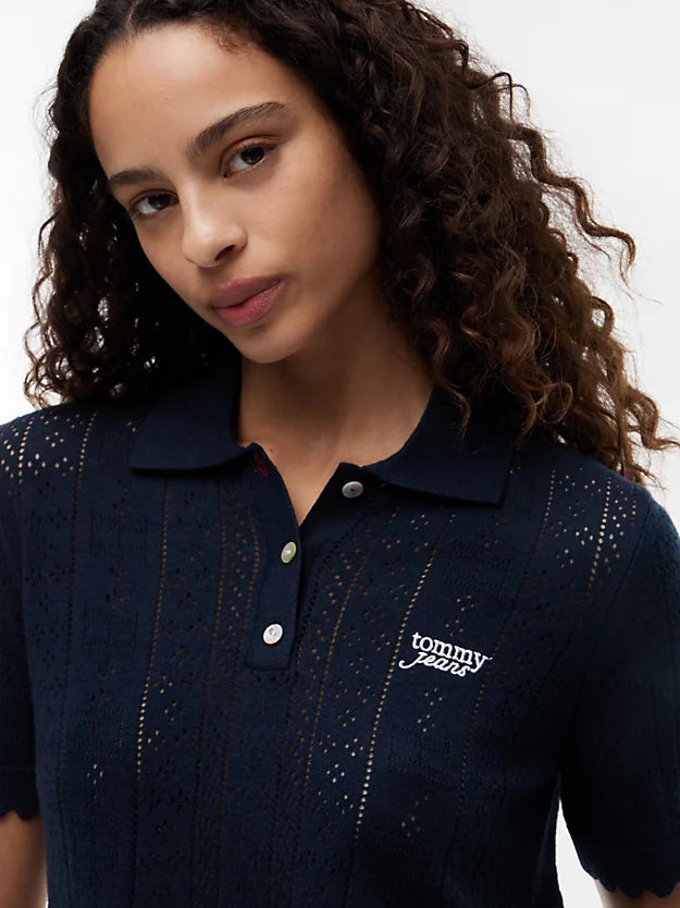 Pointelle Flag Short Sleeve Polo Jumper