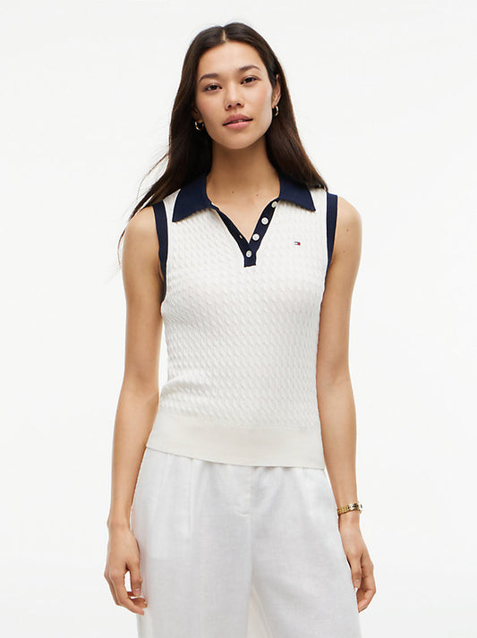 Cable Knit Slim Sleeveless Polo Jumper