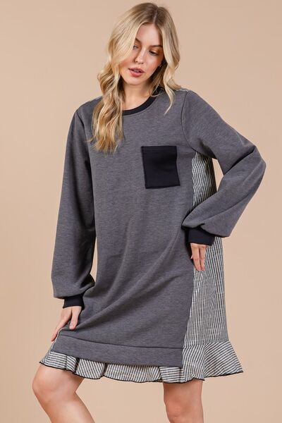 Robe sweat molletonnée Ces Femme à col rond, rayée et patchwork