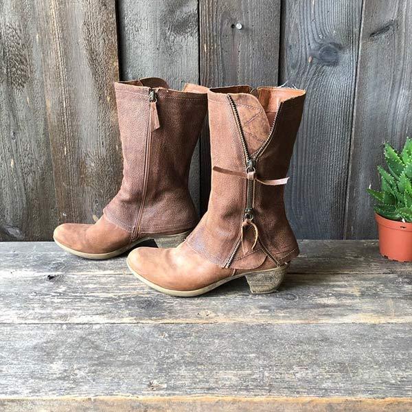 Damen-Lederstiefel mit mittelhohem Blockabsatz und seitlichem Reißverschluss