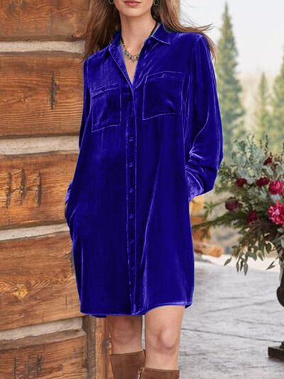 High-Low Hemd Langarm Knielanges Kleid