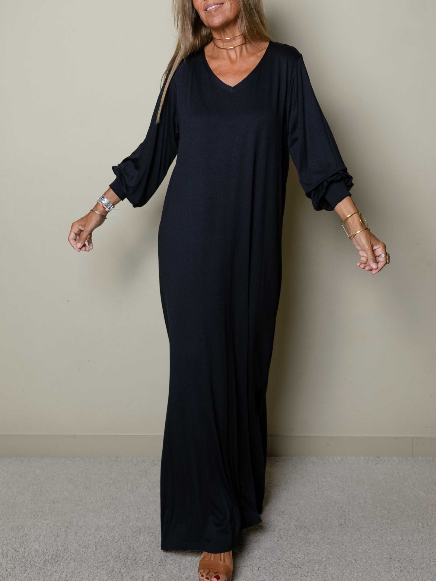 Robe longue décontractée pour femme à col en V