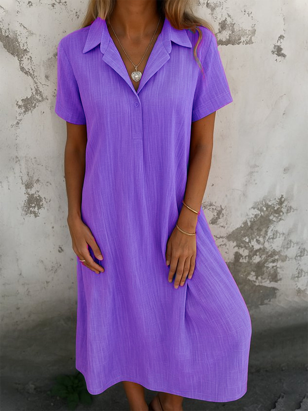 Damen schlichtes Kurzarm-Sommerkleid, Hemdkragen, täglich, Freizeit, Maxi A-Linien-Kleid (2 kaufen, kostenloser Versand)