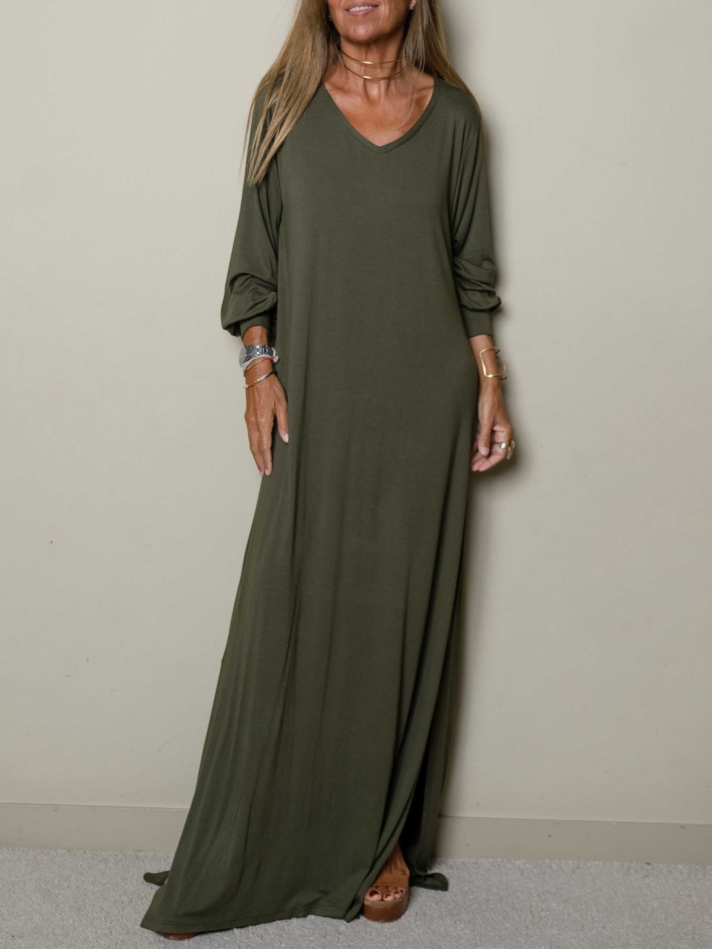 Robe longue décontractée pour femme à col en V
