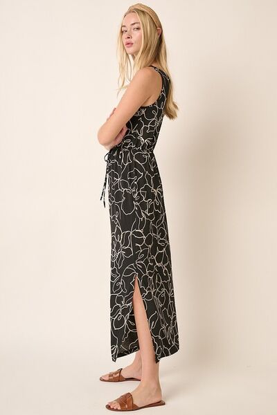 Ärmelloses V-Ausschnitt-Kleid mit seitlichem Schlitz und Blumenmuster von Mittoshop