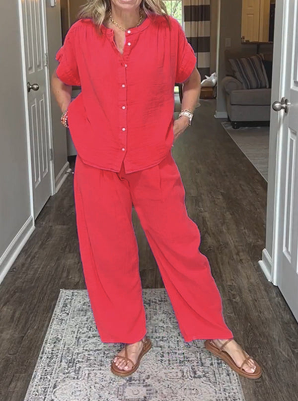 ⏰ LETZTER TAG 50% SPAREN 💥 Damen Baumwoll-Leinen Casual unifarbenes 2-teiliges Set