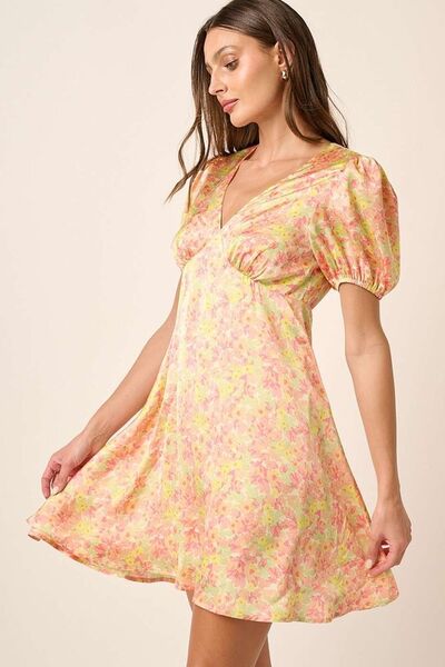 Mittoshop Bedrucktes V-Ausschnitt Puffärmel Minikleid