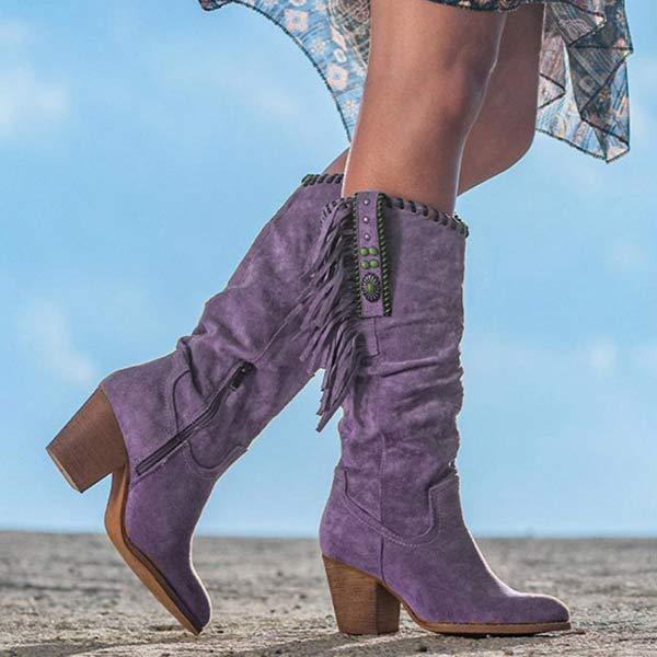 Damen High Heel Blockabsatz Vintage Fransenstiefel