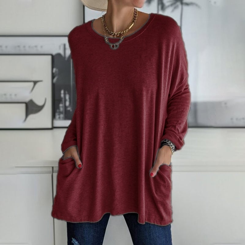 🔥VENTE FLASH -49 % DE RÉDUCTION-T-shirt uni à manches longues et col rond avec poches