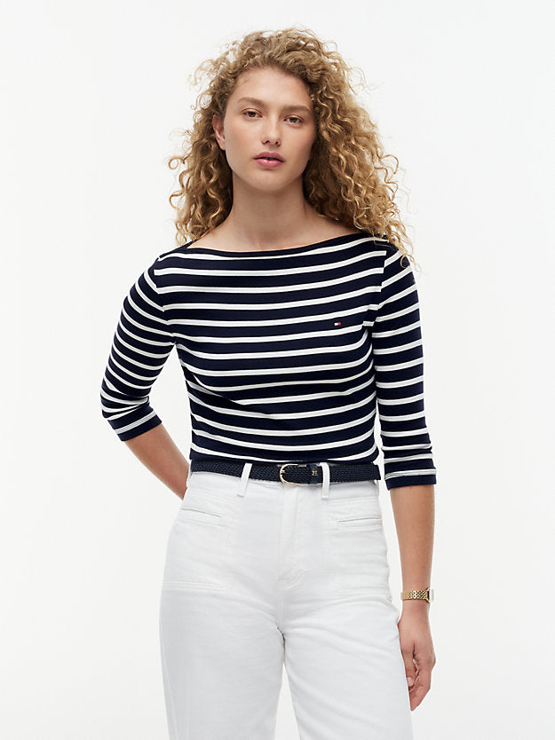 Slim Three-Quarter Sleeve Boat Neck T-Shirt
