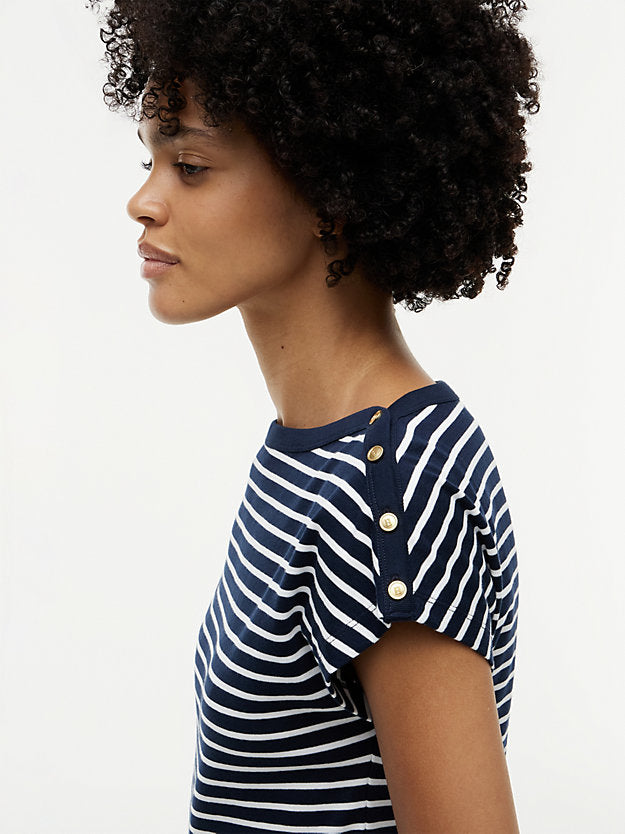 Gold-Tone Button Boat Neck T-Shirt