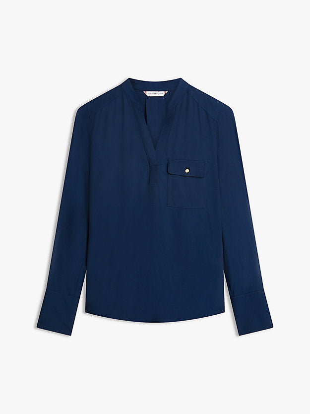 Relaxed Fit Gold-Tone Button V-Neck Blouse