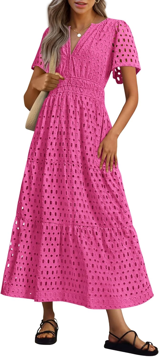 NOUVEAU 🔥 Robe longue d'été 2025 pour femme, manches courtes, col en V, ajourée, œillets, coupe trapèze