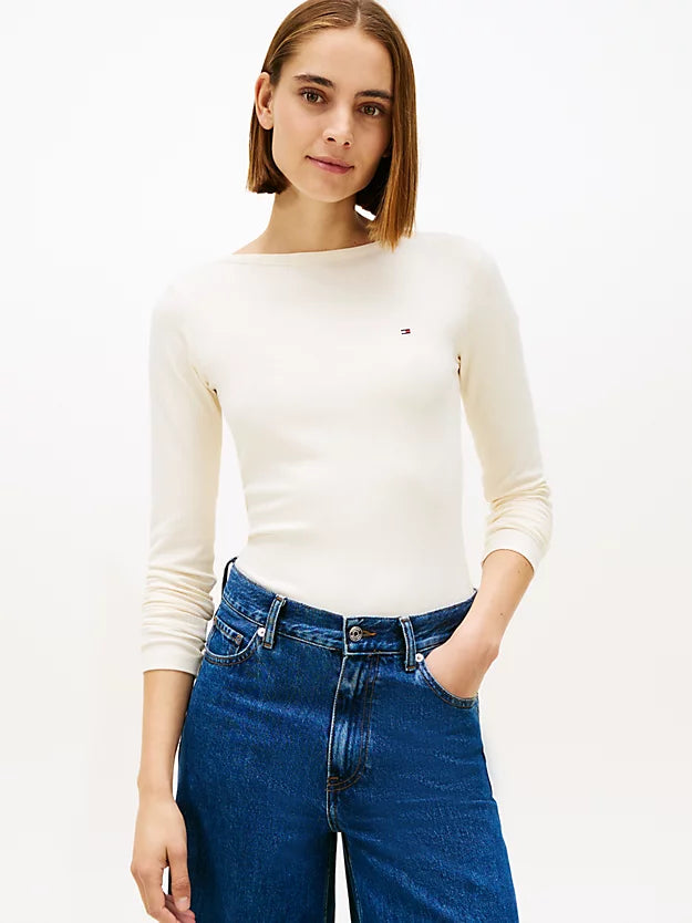 Ribbed Slim Boat Neck Long Sleeve T-Shirt