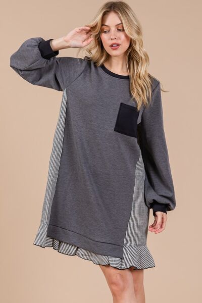 Robe sweat molletonnée Ces Femme à col rond, rayée et patchwork