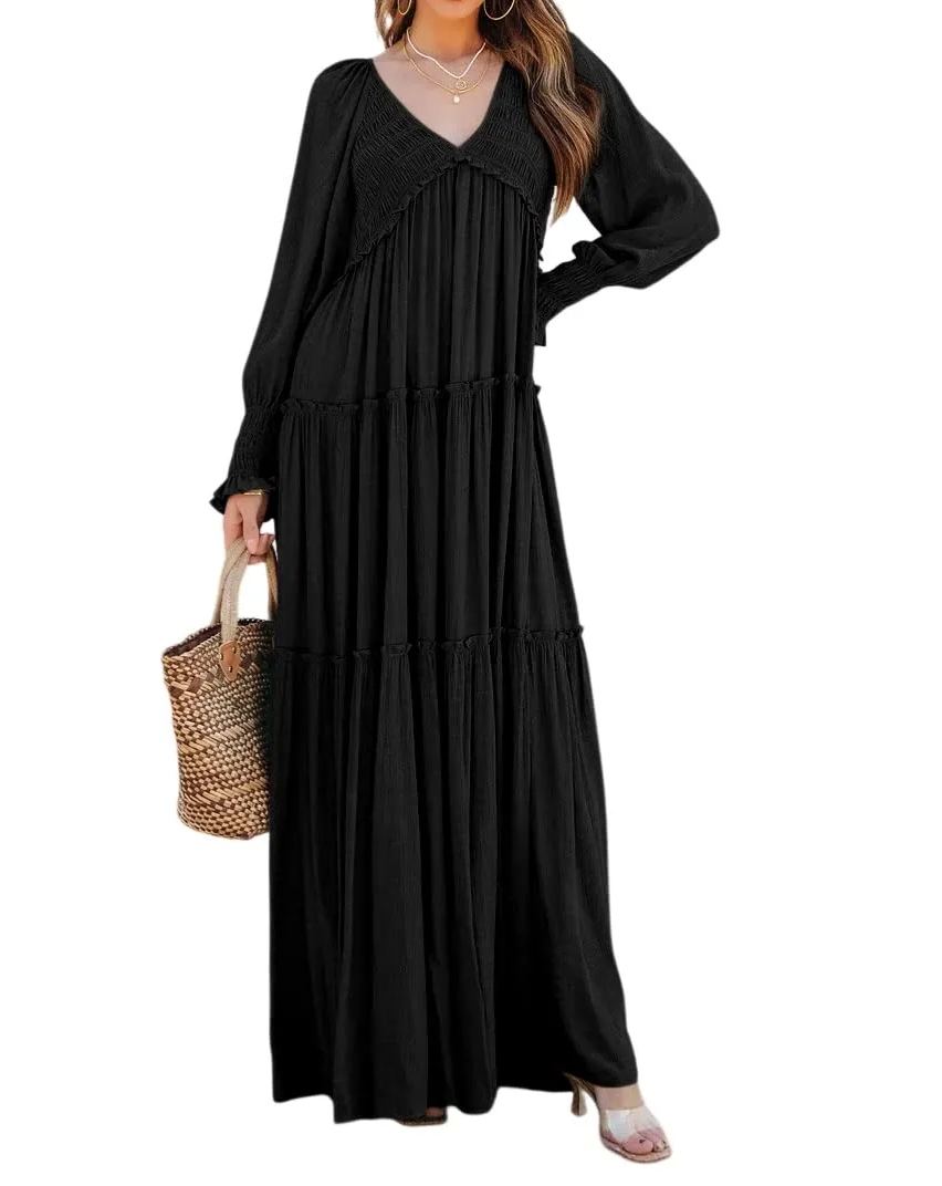 Robes longues amples bohèmes à col en V et manches longues pour femmes (achetez-en 2, livraison gratuite)