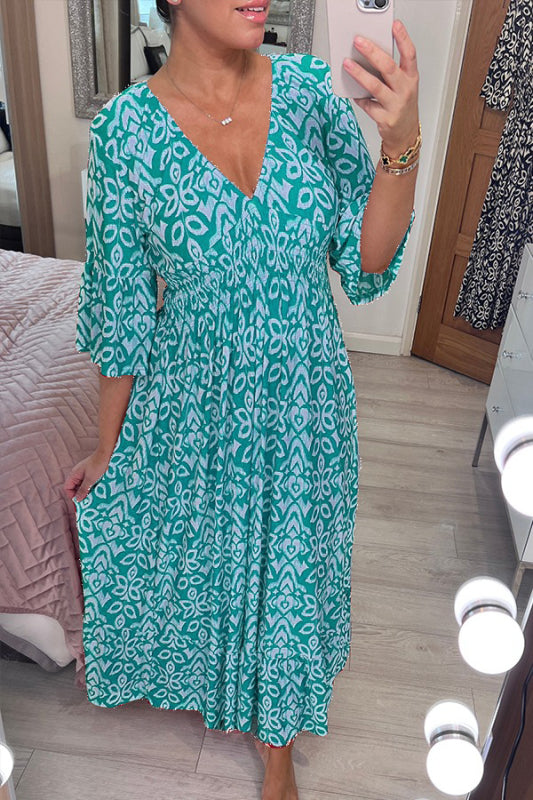 Neues böhmisches Freizeitkleid mit V-Ausschnitt und Print (2 kaufen, kostenloser Versand)